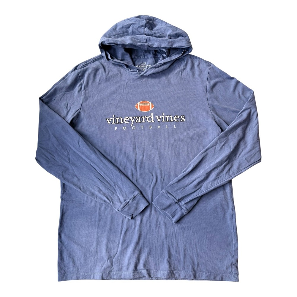 Vineyard Vines Football Hooded T-Shirt M Blue Long Sleeve Cotton Tee